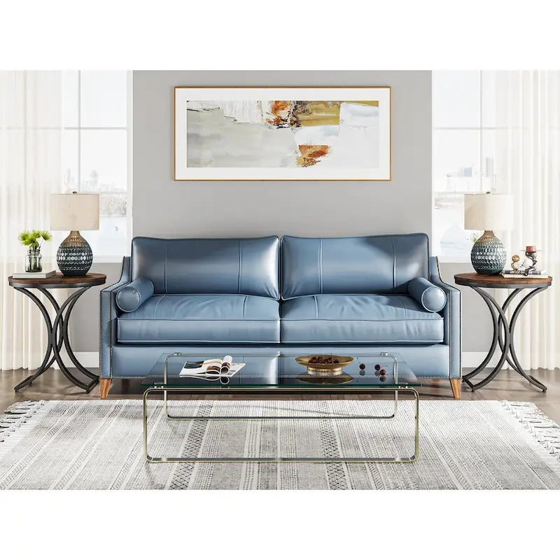 Tavolino d'appoggio/Comodino moderno piccolo e rotondo con struttura in metallo dorato e impiallacciatura in simil marmo in legno composito, per soggiorno