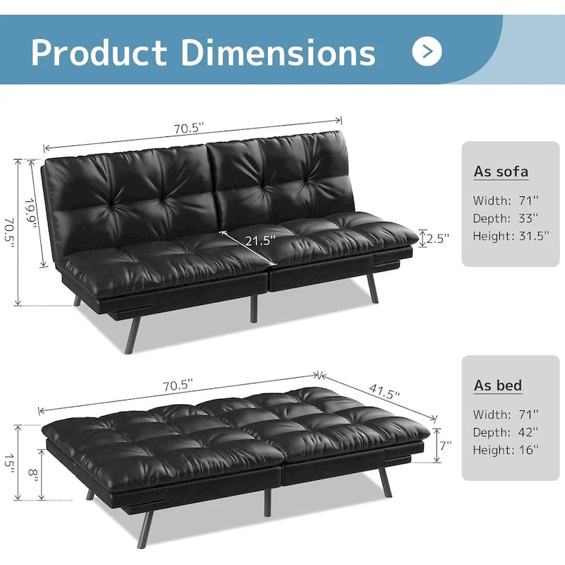 Canapé-lit futon, canapé convertible pliable en mousse à mémoire de forme avec accoudoirs réglables pour petits espaces