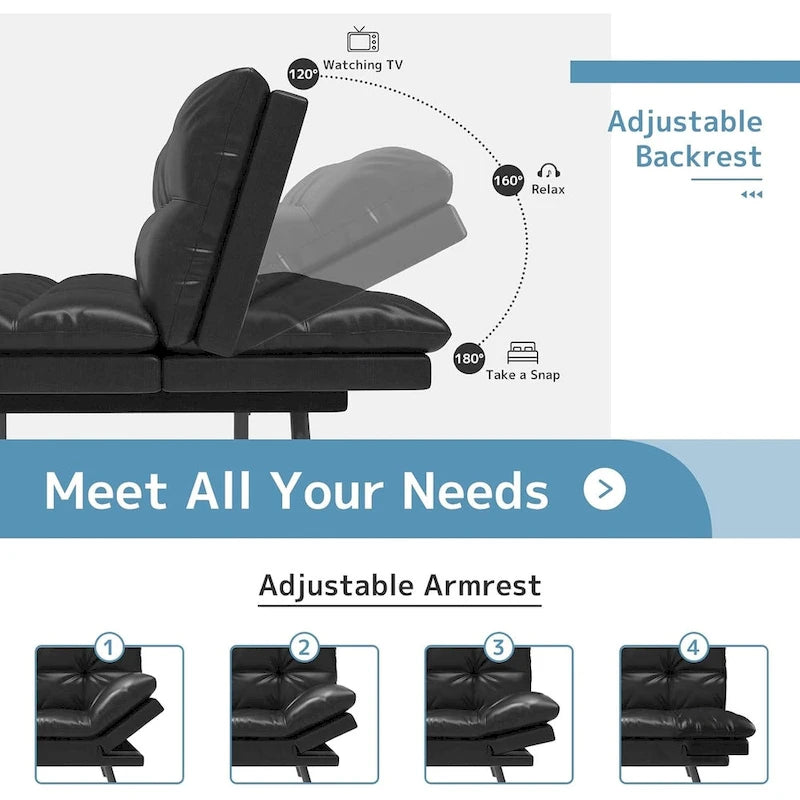 Canapé-lit futon, canapé convertible pliable en mousse à mémoire de forme avec accoudoirs réglables pour petits espaces