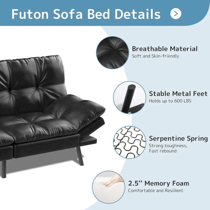 Canapé-lit futon, canapé convertible pliable en mousse à mémoire de forme avec accoudoirs réglables pour petits espaces