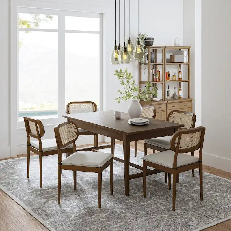 Sedia da pranzo moderna in legno massello Konstantin con schienale in rattan e cuscino rimovibile set da 6 di HULALA HOME