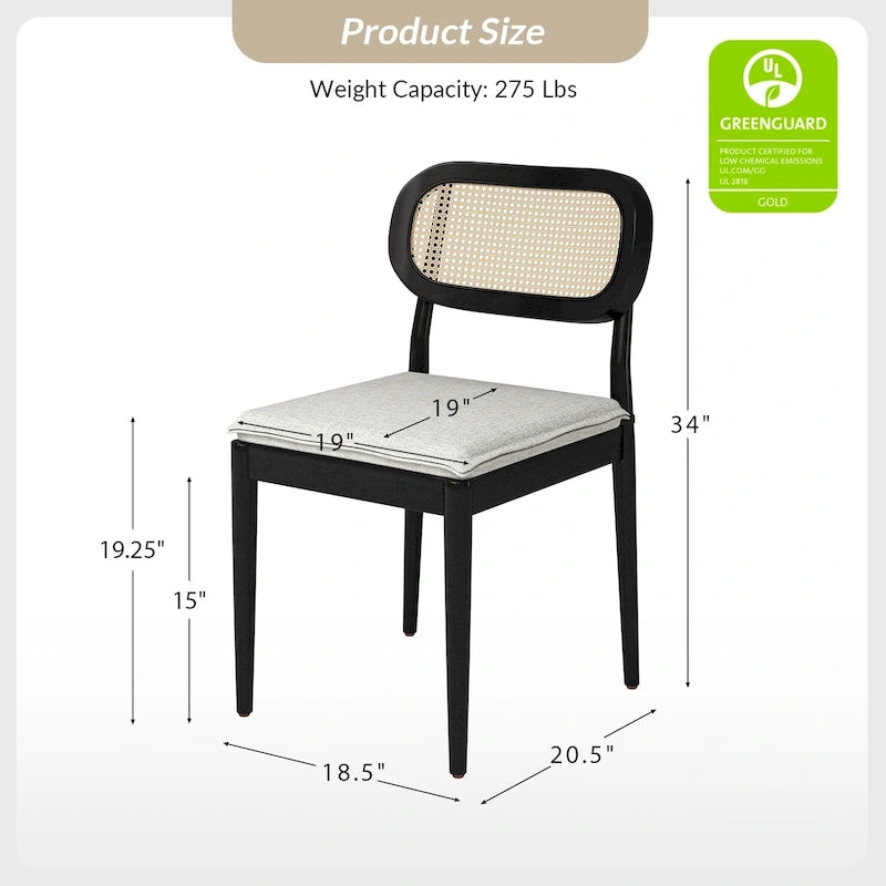 Chaise de salle à manger Konstantin en bois massif moderne avec dossier en rotin et coussin amovible, lot de 6, par HULALA HOME