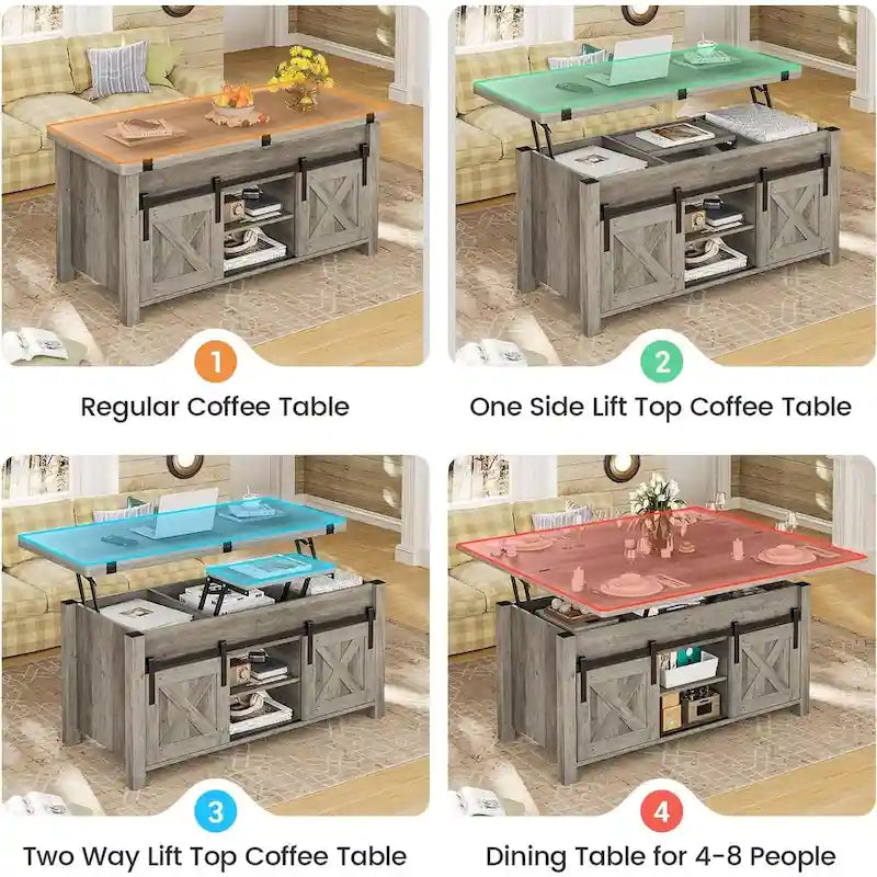 Tavolino da Caffè con Piano Sollevabile e 2 Ante Scorrevoli a Stile Fienile, Tavolo da Pranzo con Contenitore