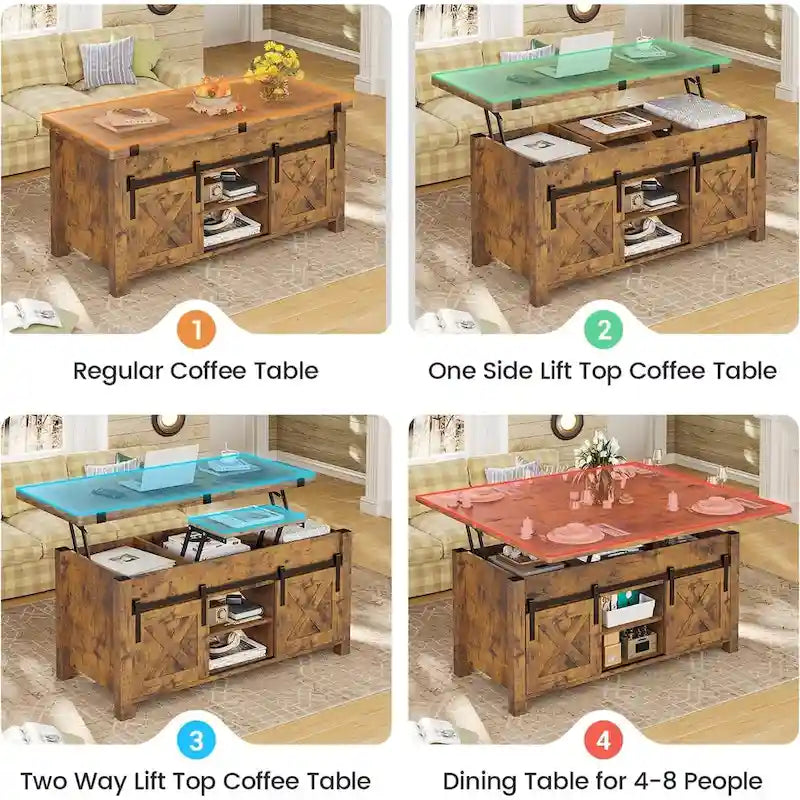 Tavolino da Caffè con Piano Sollevabile e 2 Ante Scorrevoli a Stile Fienile, Tavolo da Pranzo con Contenitore