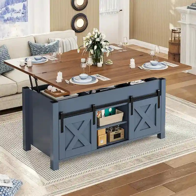 Tavolino da Caffè con Piano Sollevabile e 2 Ante Scorrevoli a Stile Fienile, Tavolo da Pranzo con Contenitore