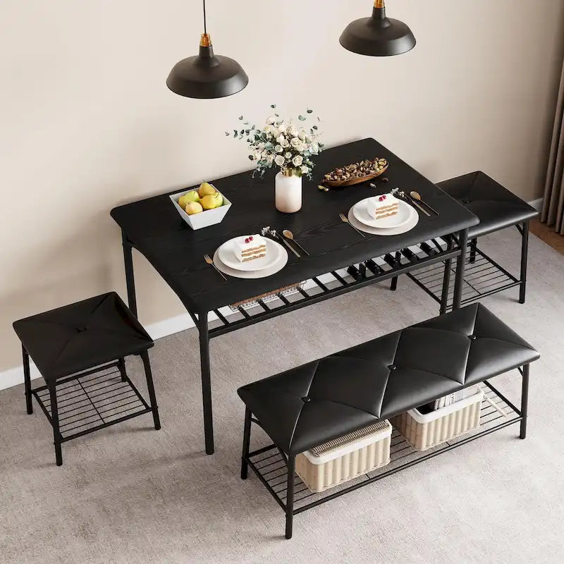 Set da Tavolo da Pranzo per 4 Persone, Set Tavolo da Cucina con Panca Imbottita e Sgabelli Quadrati