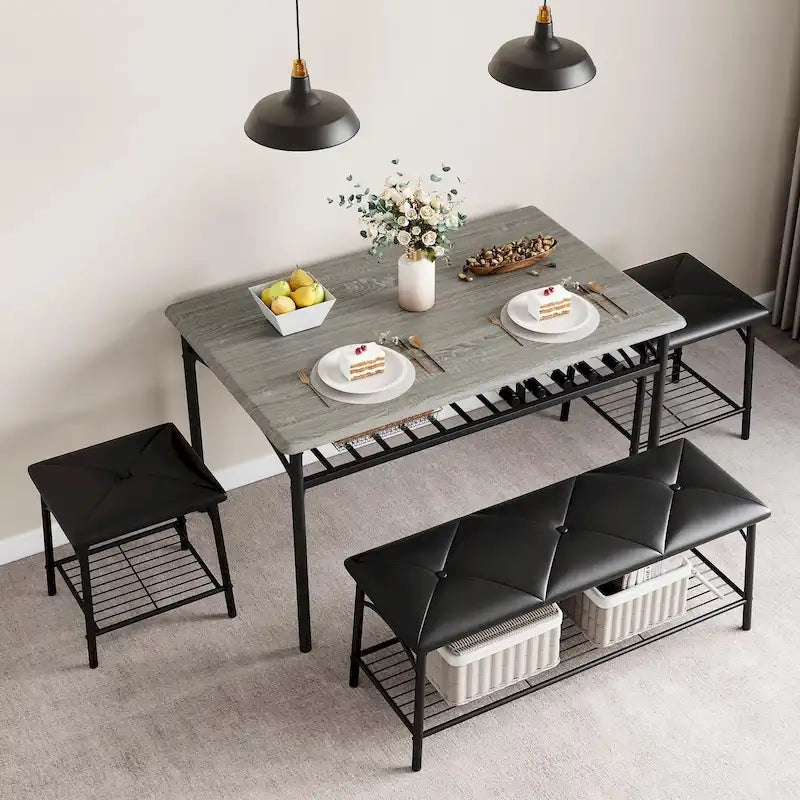 Set da Tavolo da Pranzo per 4 Persone, Set Tavolo da Cucina con Panca Imbottita e Sgabelli Quadrati