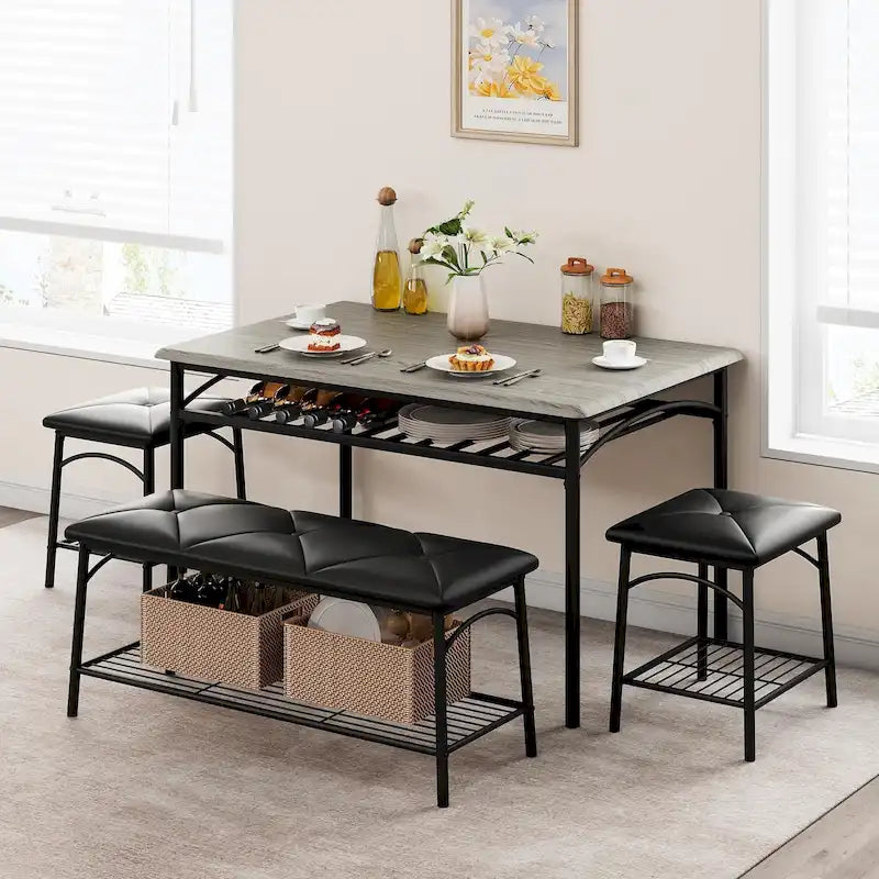 Set da Tavolo da Pranzo per 4 Persone, Set Tavolo da Cucina con Panca Imbottita e Sgabelli Quadrati