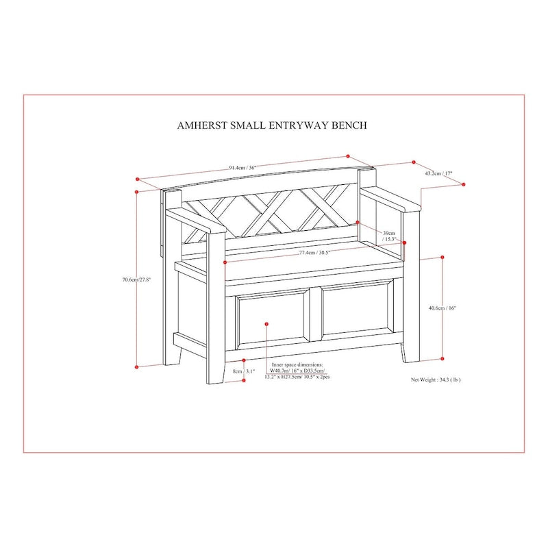 WYNDENHALL Halifax Banc de rangement pour petite entrée en bois massif de 36 pouces de large - 17P x 36L x 27,8H