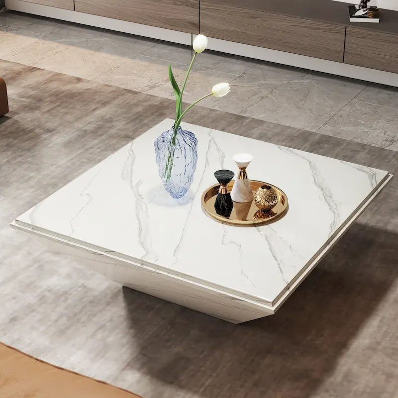 Table Basse Carrée de 35,43 Pouces pour Salon, Table Centrale Moderne Blanche avec Plateau Effet Marbre