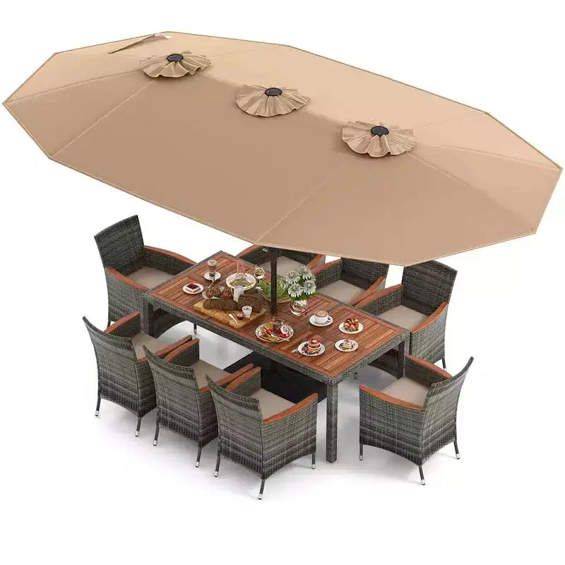 Set da pranzo in vimini da esterno Costway 10 pezzi con ombrellone da patio a doppia faccia 8 poltrone grigio/rosso/arancione/turchese/beige/caffè