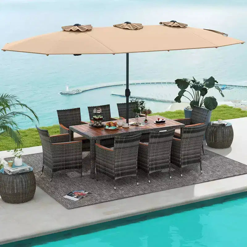 Set da pranzo in vimini da esterno Costway 10 pezzi con ombrellone da patio a doppia faccia 8 poltrone grigio/rosso/arancione/turchese/beige/caffè