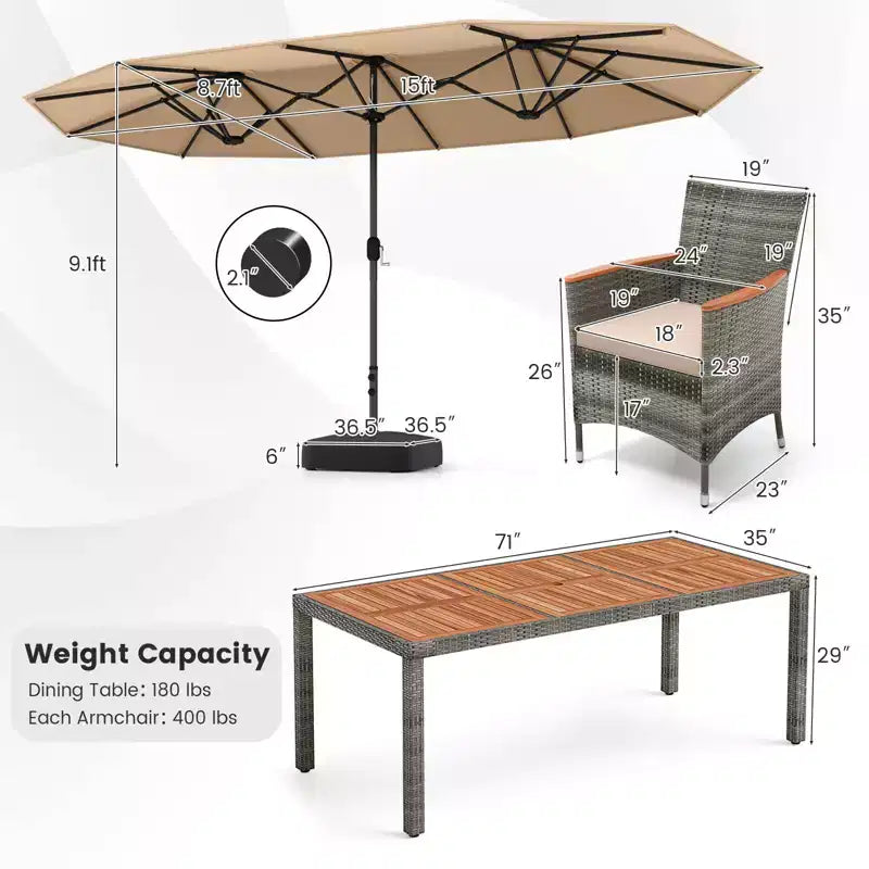 Set da pranzo in vimini da esterno Costway 10 pezzi con ombrellone da patio a doppia faccia 8 poltrone grigio/rosso/arancione/turchese/beige/caffè