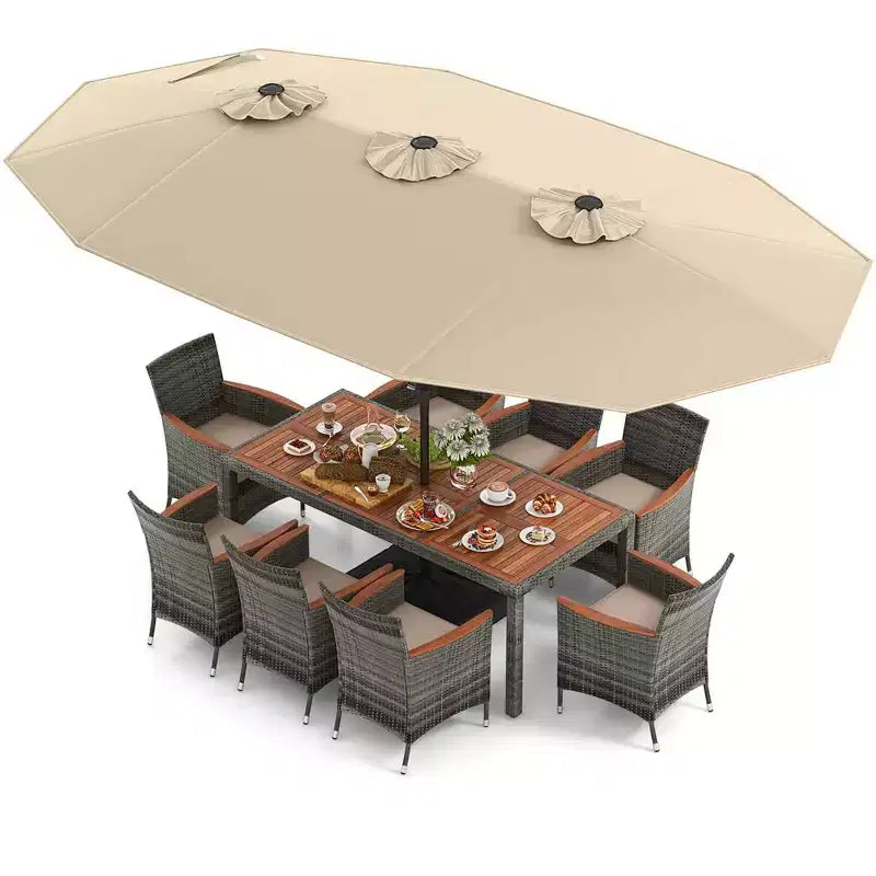Set da pranzo in vimini da esterno Costway 10 pezzi con ombrellone da patio a doppia faccia 8 poltrone grigio/rosso/arancione/turchese/beige/caffè