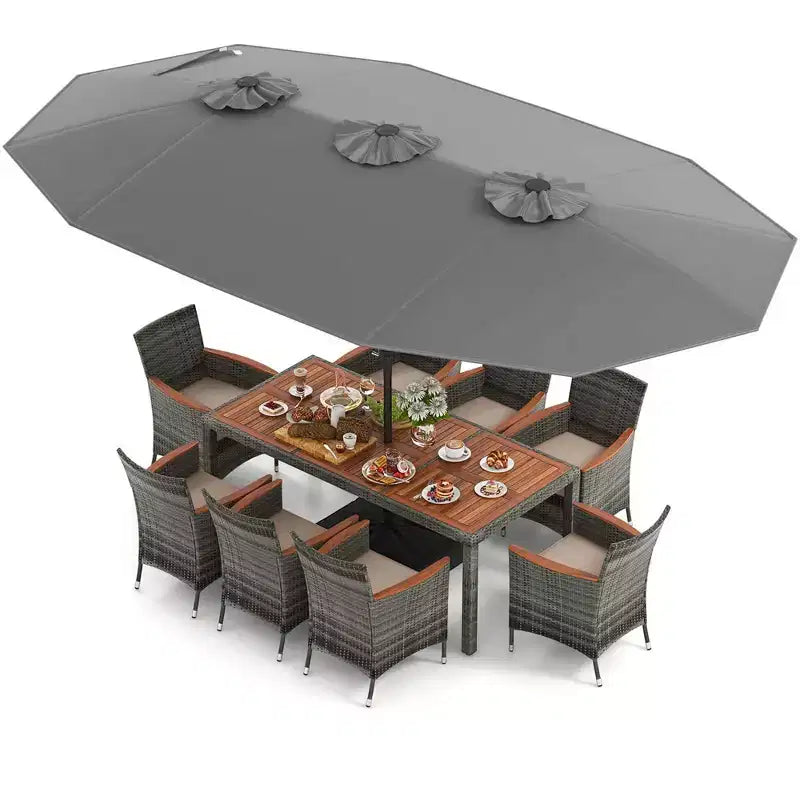 Set da pranzo in vimini da esterno Costway 10 pezzi con ombrellone da patio a doppia faccia 8 poltrone grigio/rosso/arancione/turchese/beige/caffè