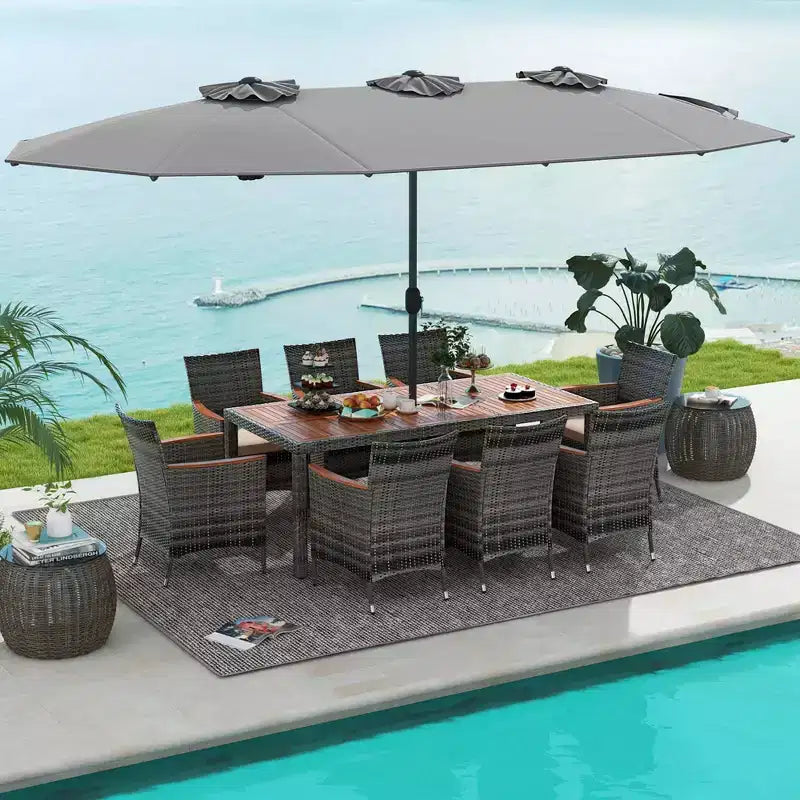 Set da pranzo in vimini da esterno Costway 10 pezzi con ombrellone da patio a doppia faccia 8 poltrone grigio/rosso/arancione/turchese/beige/caffè