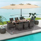 Set da pranzo in vimini da esterno Costway 10 pezzi con ombrellone da patio a doppia faccia 8 poltrone grigio/rosso/arancione/turchese/beige/caffè