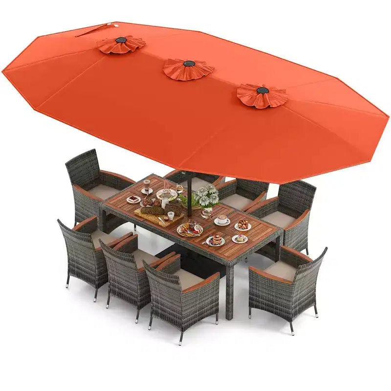 Set da pranzo in vimini da esterno Costway 10 pezzi con ombrellone da patio a doppia faccia 8 poltrone grigio/rosso/arancione/turchese/beige/caffè