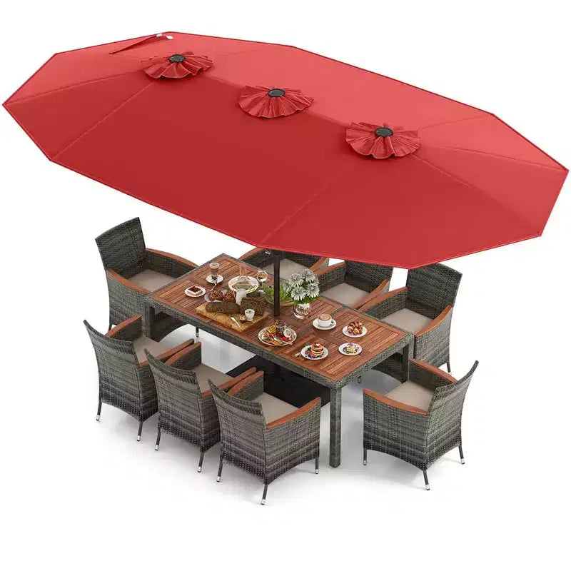 Set da pranzo in vimini da esterno Costway 10 pezzi con ombrellone da patio a doppia faccia 8 poltrone grigio/rosso/arancione/turchese/beige/caffè