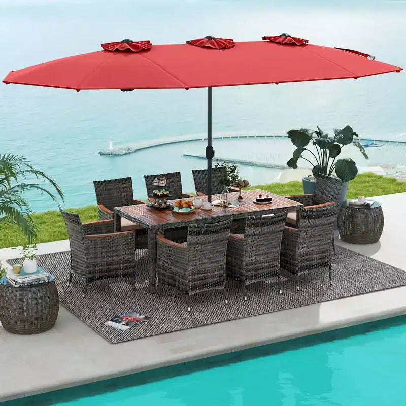 Set da pranzo in vimini da esterno Costway 10 pezzi con ombrellone da patio a doppia faccia 8 poltrone grigio/rosso/arancione/turchese/beige/caffè