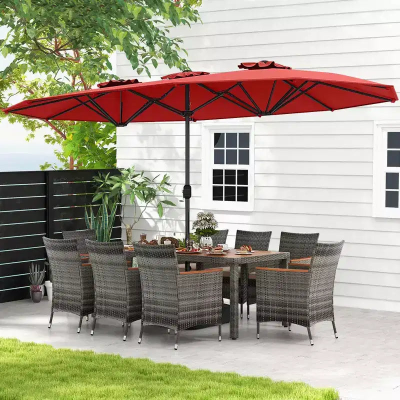 Set da pranzo in vimini da esterno Costway 10 pezzi con ombrellone da patio a doppia faccia 8 poltrone grigio/rosso/arancione/turchese/beige/caffè
