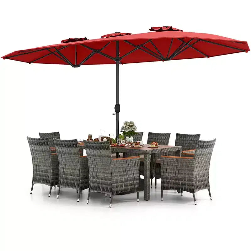 Set da pranzo in vimini da esterno Costway 10 pezzi con ombrellone da patio a doppia faccia 8 poltrone grigio/rosso/arancione/turchese/beige/caffè