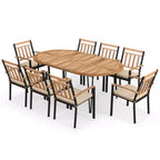 Costway Set da Pranzo per Esterni 9 Pezzi con Piano in Legno di Acacia e Foro per Ombrellone Struttura in Metallo