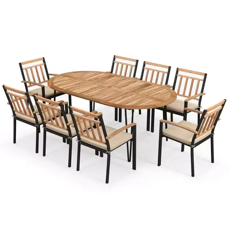 Costway Set da Pranzo per Esterni 9 Pezzi con Piano in Legno di Acacia e Foro per Ombrellone Struttura in Metallo