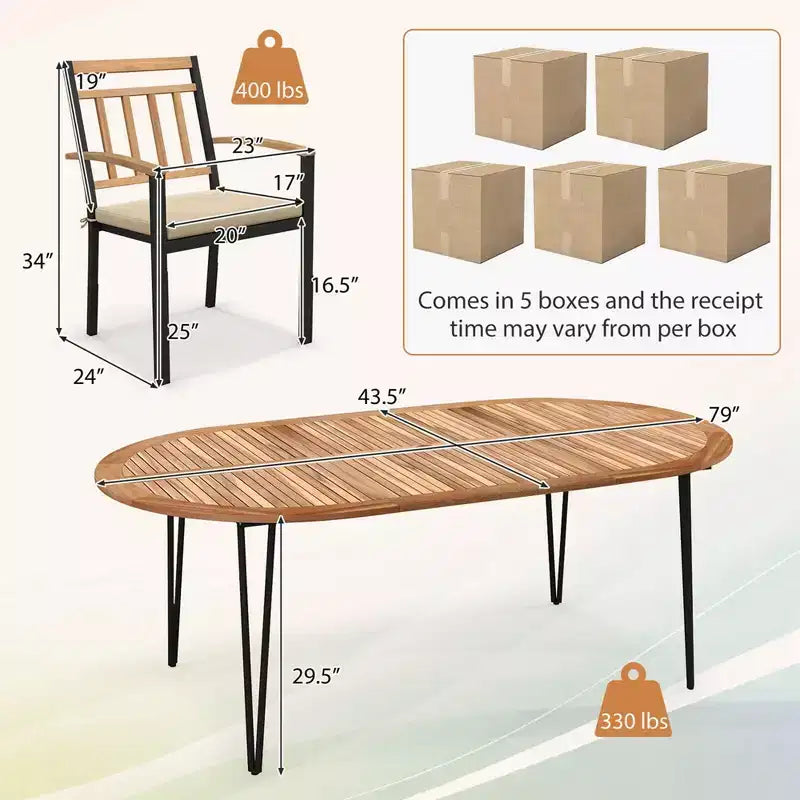 Costway Set da Pranzo per Esterni 9 Pezzi con Piano in Legno di Acacia e Foro per Ombrellone Struttura in Metallo