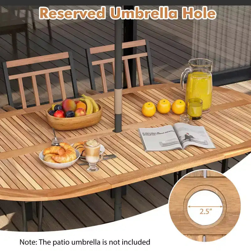 Costway Set da Pranzo per Esterni 9 Pezzi con Piano in Legno di Acacia e Foro per Ombrellone Struttura in Metallo
