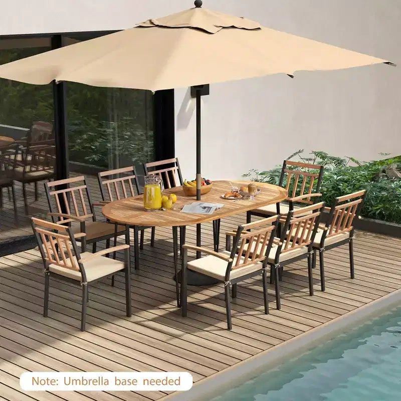 Costway Set da Pranzo per Esterni 9 Pezzi con Piano in Legno di Acacia e Foro per Ombrellone Struttura in Metallo