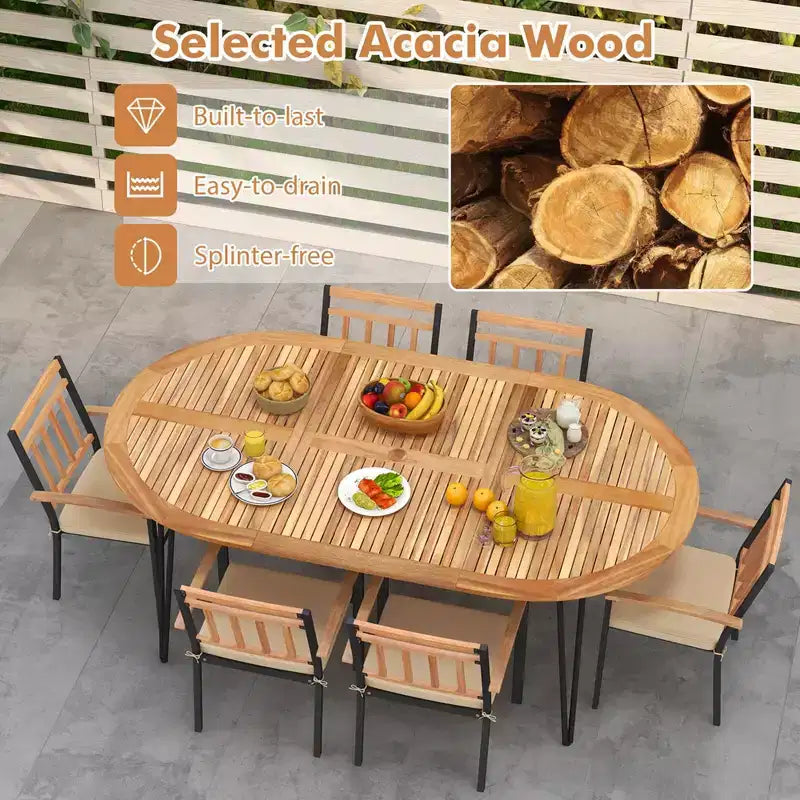 Costway Set da Pranzo per Esterni 9 Pezzi con Piano in Legno di Acacia e Foro per Ombrellone Struttura in Metallo