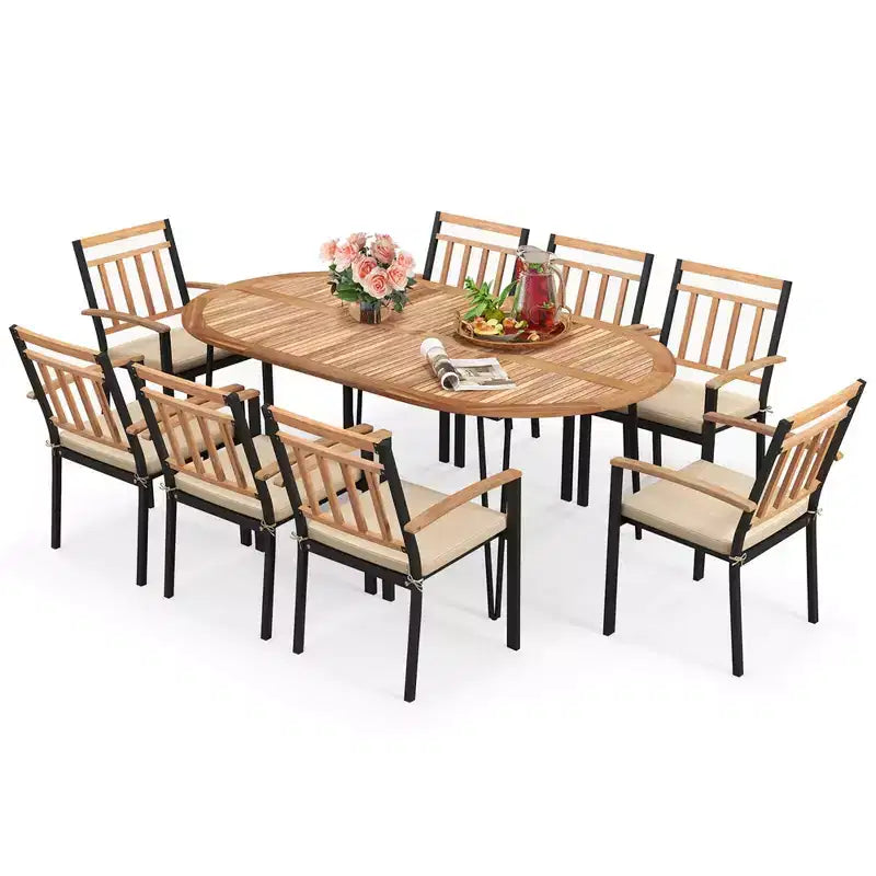 Costway Set da Pranzo per Esterni 9 Pezzi con Piano in Legno di Acacia e Foro per Ombrellone Struttura in Metallo