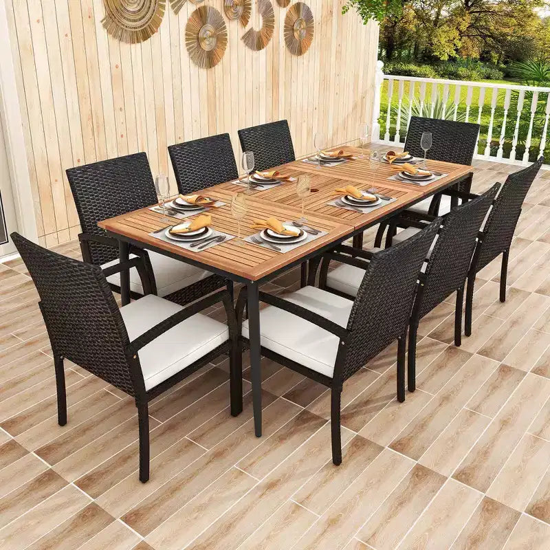 Costway Set da Pranzo per Esterni 9 Pezzi, Tavolo da Pranzo in Legno di Acacia con Foro per Ombrellone da 1.9
