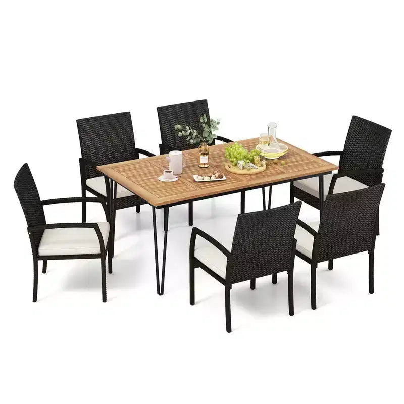 Costway Set da Pranzo per Esterno 7 Pezzi con Tavolo in Legno di Acacia Poltrone in Rattan Cuscini Morbidi