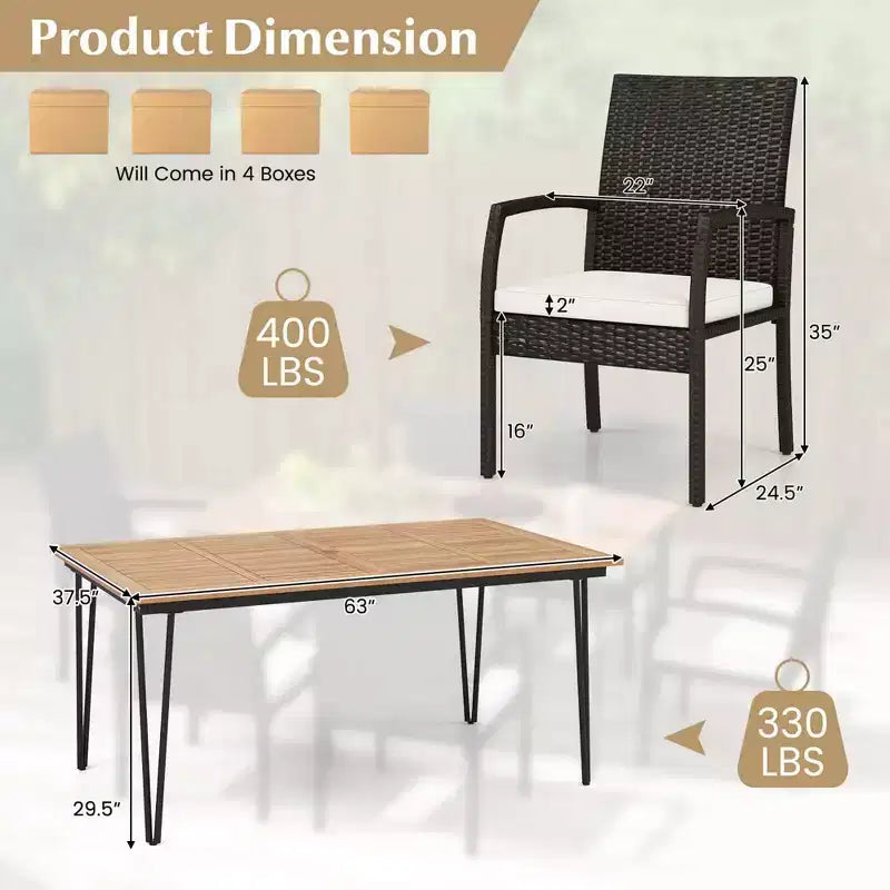 Costway Set da Pranzo per Esterno 7 Pezzi con Tavolo in Legno di Acacia Poltrone in Rattan Cuscini Morbidi