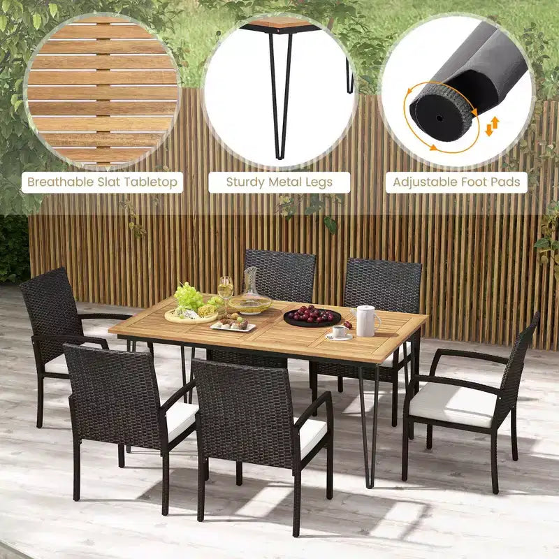 Costway Set da Pranzo per Esterno 7 Pezzi con Tavolo in Legno di Acacia Poltrone in Rattan Cuscini Morbidi