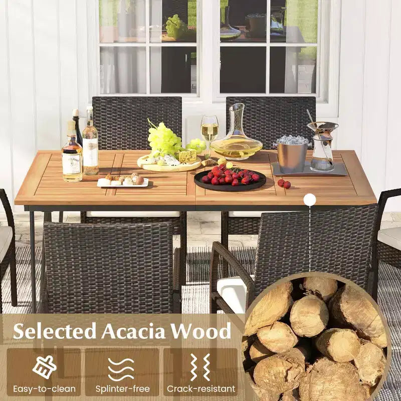Costway Set da Pranzo per Esterno 7 Pezzi con Tavolo in Legno di Acacia Poltrone in Rattan Cuscini Morbidi