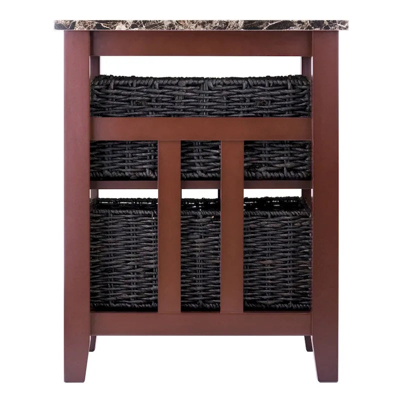 Tavolino Zoey con 2 Cesti Pieghevoli in Foglie di Mais, Piano Effetto Marmo, Cioccolato e Noce - 42 x 51 x 63,6 cm