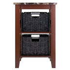 Tavolino Zoey con 2 Cesti Pieghevoli in Foglie di Mais, Piano Effetto Marmo, Cioccolato e Noce - 42 x 51 x 63,6 cm