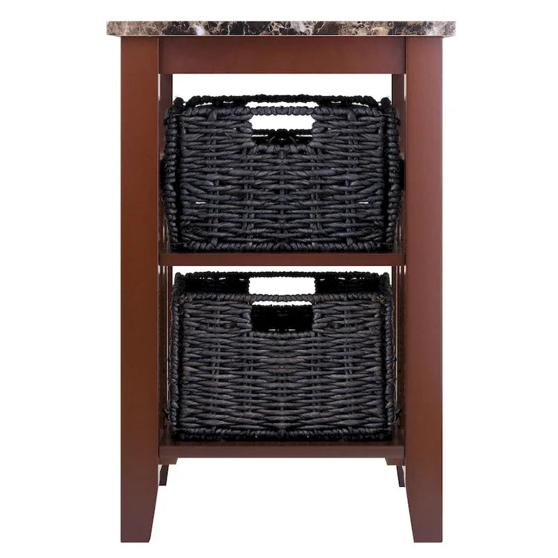 Tavolino Zoey con 2 Cesti Pieghevoli in Foglie di Mais, Piano Effetto Marmo, Cioccolato e Noce - 42 x 51 x 63,6 cm