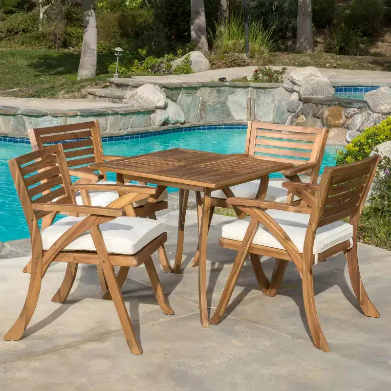 GDFStudio Baia Set da Pranzo da Esterno a 5 Pezzi in Legno di Acacia con Cuscini, Teak/Crema