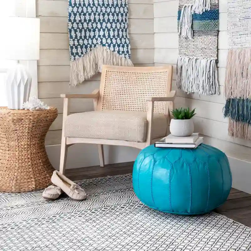 Pouf ottomano Nuloom in pelle marocchina fatta a mano imbottita