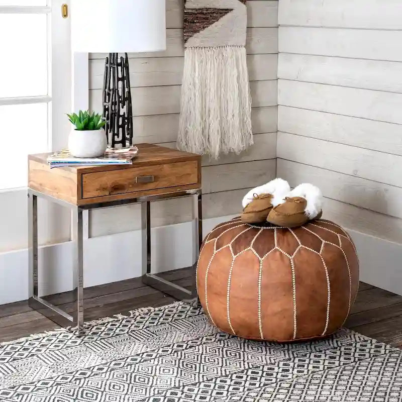 Pouf ottomano Nuloom in pelle marocchina fatta a mano imbottita