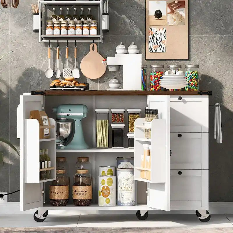 Isola da cucina da 54,5 pollici con prese elettriche, carrello da cucina con ruote