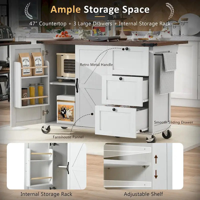 Isola da cucina da 54,5 pollici con prese elettriche, carrello da cucina con ruote