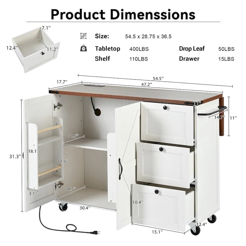 Isola da cucina da 54,5 pollici con prese elettriche, carrello da cucina con ruote
