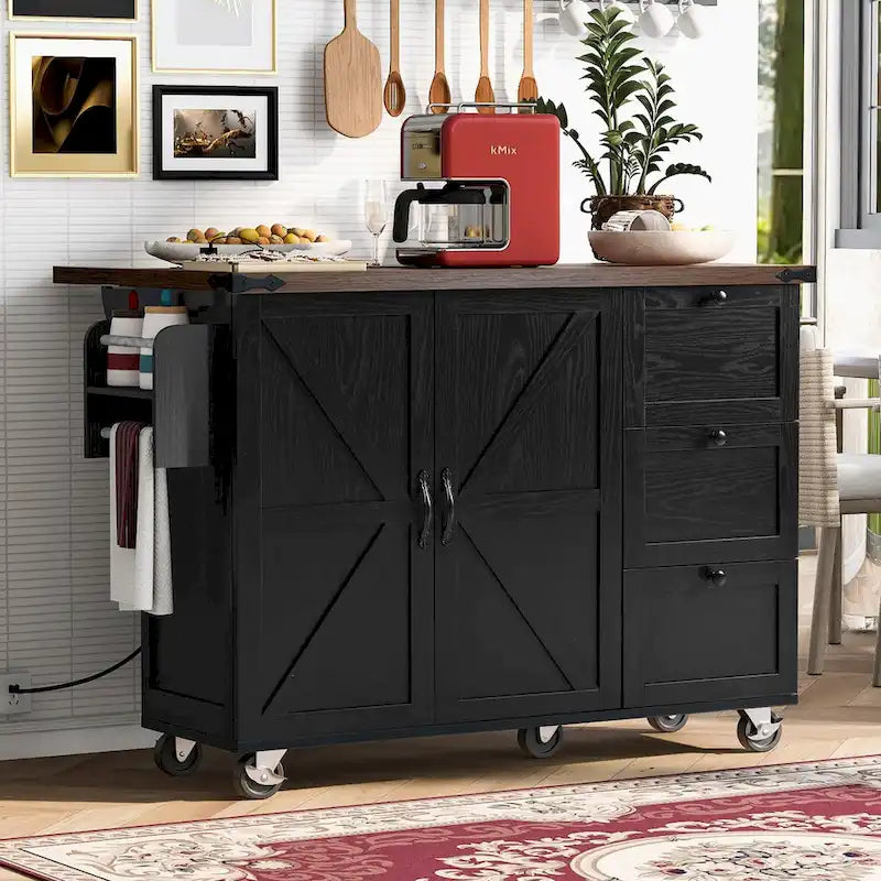 Isola da cucina da 54,5 pollici con prese elettriche, carrello da cucina con ruote