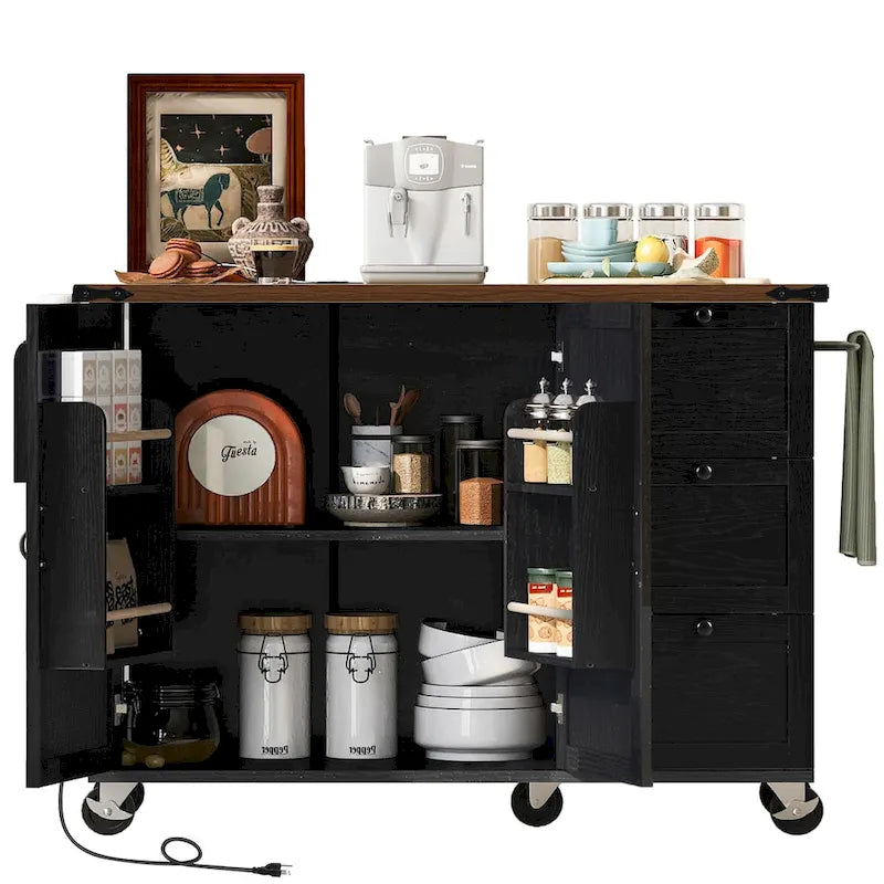 Isola da cucina da 54,5 pollici con prese elettriche, carrello da cucina con ruote