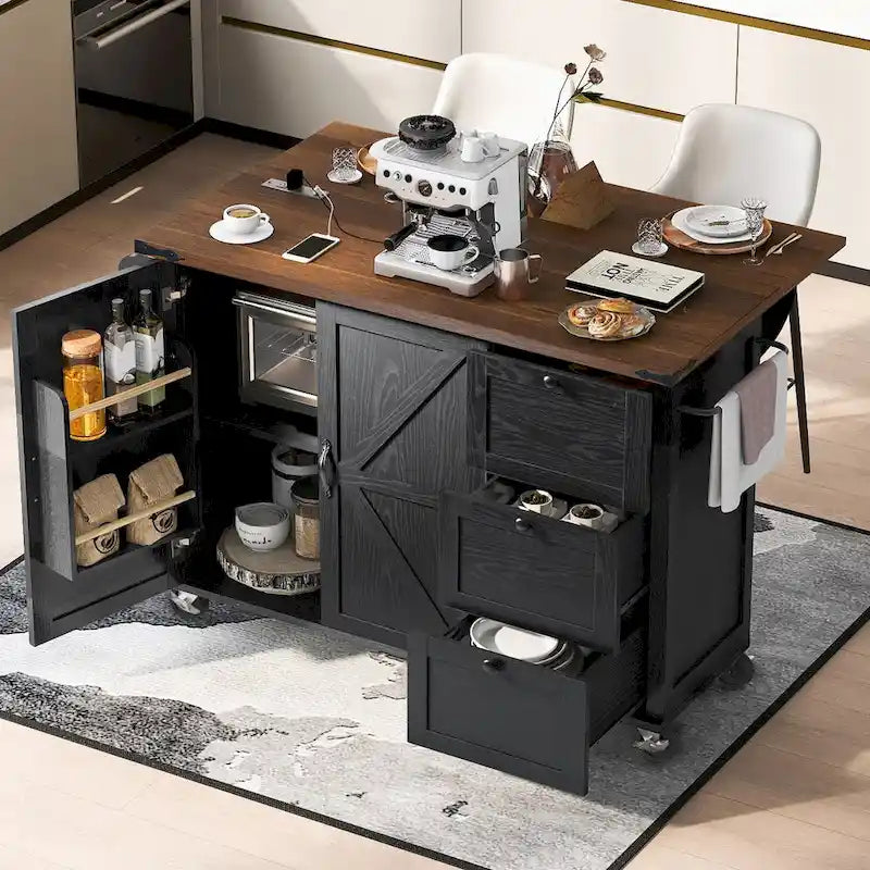 Isola da cucina da 54,5 pollici con prese elettriche, carrello da cucina con ruote